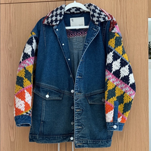 Anthropologie Pilcro Crochet Denim sweater Jacket with Patterned Sleeves XS - Picture 10 of 12
